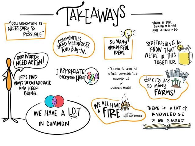 Post-meeting visual titled Takeaways: collaboration is necessary and possible, our words need action, we have a lot in common, and there is a lot of knowledge to be shared.